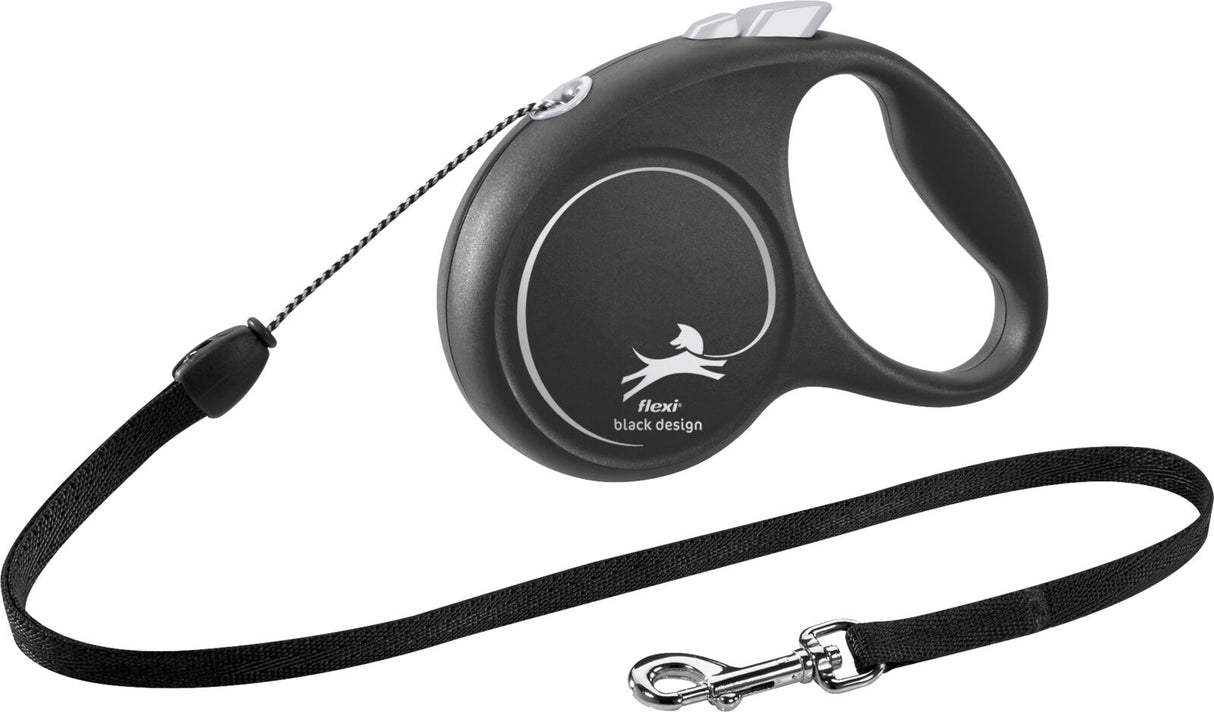 Schwarze, einziehbare Hundeleine mit grauem Griff und Aufdruck „flexi black design“, samt Karabinerhaken.