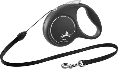 Schwarze, einziehbare Hundeleine mit grauem Griff und Aufdruck „flexi black design“, samt Karabinerhaken.
