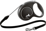Schwarze einziehbare Hundeleine mit ergonomischem Griff und silberfarbenem Haken, entworfen von flexi black design.