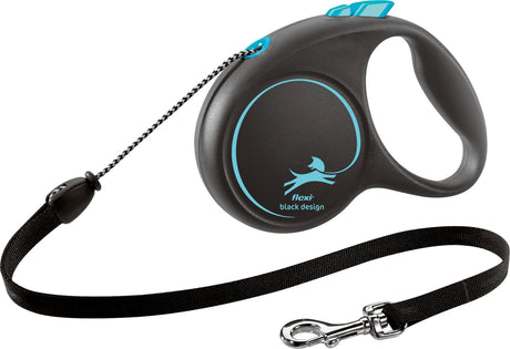 Schwarze einziehbare Hundeleine mit blauem Highlight und Handschlaufe, Aufschrift "flexi black design".