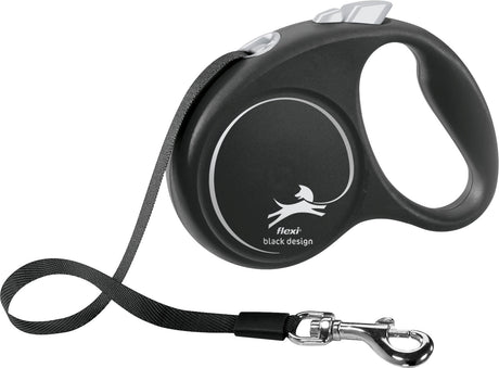 Schwarze Hundeleine mit Griff, ausziehbarem Band und silbernem Haken, beschriftet mit "flexi black design".
