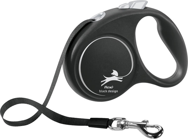 Schwarze Hundeleine mit Griff, ausziehbarem Band und silbernem Haken, beschriftet mit "flexi black design".