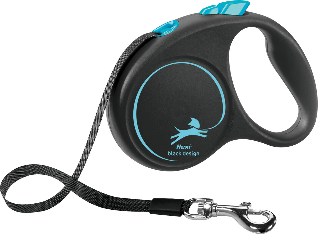 Schwarze Hunderollleine mit blauem Design, ergonomischem Griff und silbernem Metallhaken am Ende der Leine.