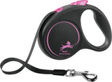 Schwarze Retractable-Hundeleine mit rosa Akzenten und Karabinerhaken, Markenname und Grafik sichtbar.