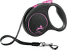 Schwarze Retractable-Hundeleine mit rosa Akzenten und Karabinerhaken, Markenname und Grafik sichtbar.