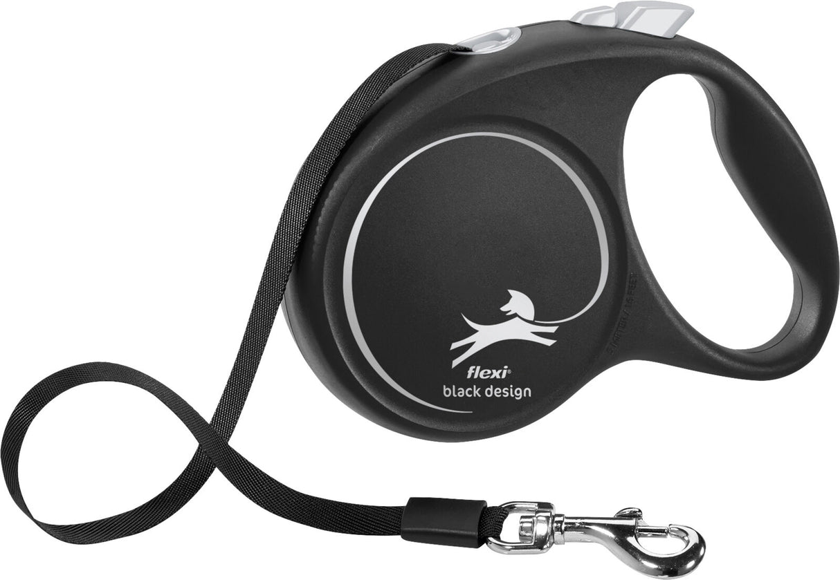 Schwarze, ergonomische Flexi-Leine mit Aufdruck eines stilisierten Hundes und Text "flexi black design".