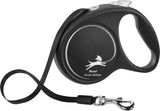 Schwarze, ergonomische Flexi-Leine mit Aufdruck eines stilisierten Hundes und Text "flexi black design".