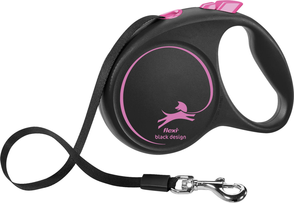 Schwarze ausziehbare Hundeleine mit rosa Akzenten und Text "flexi black design", mit Handschlaufe und Haken.