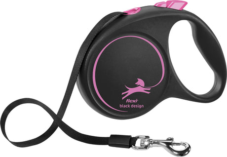 Schwarze ausziehbare Hundeleine mit rosa Akzenten und Text "flexi black design", mit Handschlaufe und Haken.