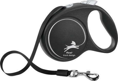 Schwarze, kompakte Hundeleine mit Aufrollmechanismus und silbernem Haken, Text "flexi black design" sichtbar.