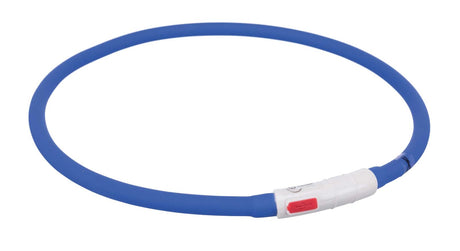 Blauer LED-Leuchtring mit weißem Verschluss und rotem Knopf, geformt als geschlossener Kreis.