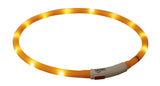 Leuchtender orangefarbener Ring mit gleichmäßigen Lichtpunkten und einem weißen Schalterbereich mit On/Off-Symbol.