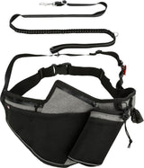 Grauer und schwarzer Hüftgurt mit zwei Taschen und einer schwarzen Hundeleine mit Karabinerhaken.