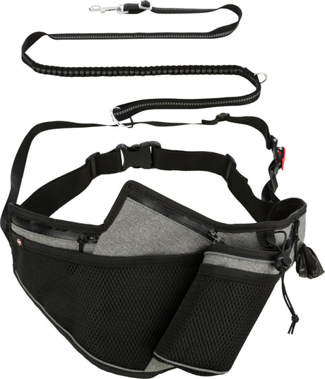 Grauer und schwarzer Hüftgurt mit zwei Taschen und einer schwarzen Hundeleine mit Karabinerhaken.