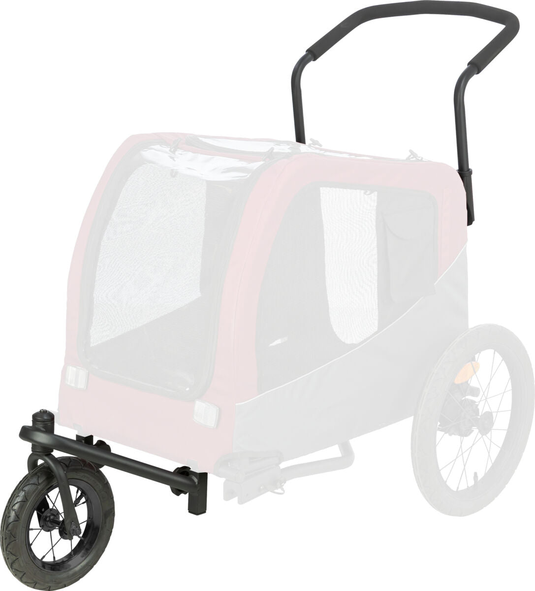 Roter Fahrradanhänger mit schwarzem Griff und einem großen Vorderrad, teils transparent dargestellt.