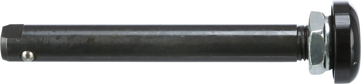 Schwarzer Metallstab mit sechseckiger Spitze, silbernem Bolzen und gerändeltem schwarzem Knopf am Ende.