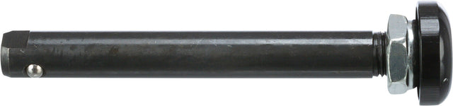 Schwarzer Metallstab mit sechseckiger Spitze, silbernem Bolzen und gerändeltem schwarzem Knopf am Ende.