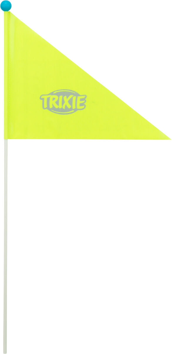 Gelbe dreieckige Fahne mit "TRIXIE" Schriftzug, auf weißem Stab mit blauer Kugel oben.