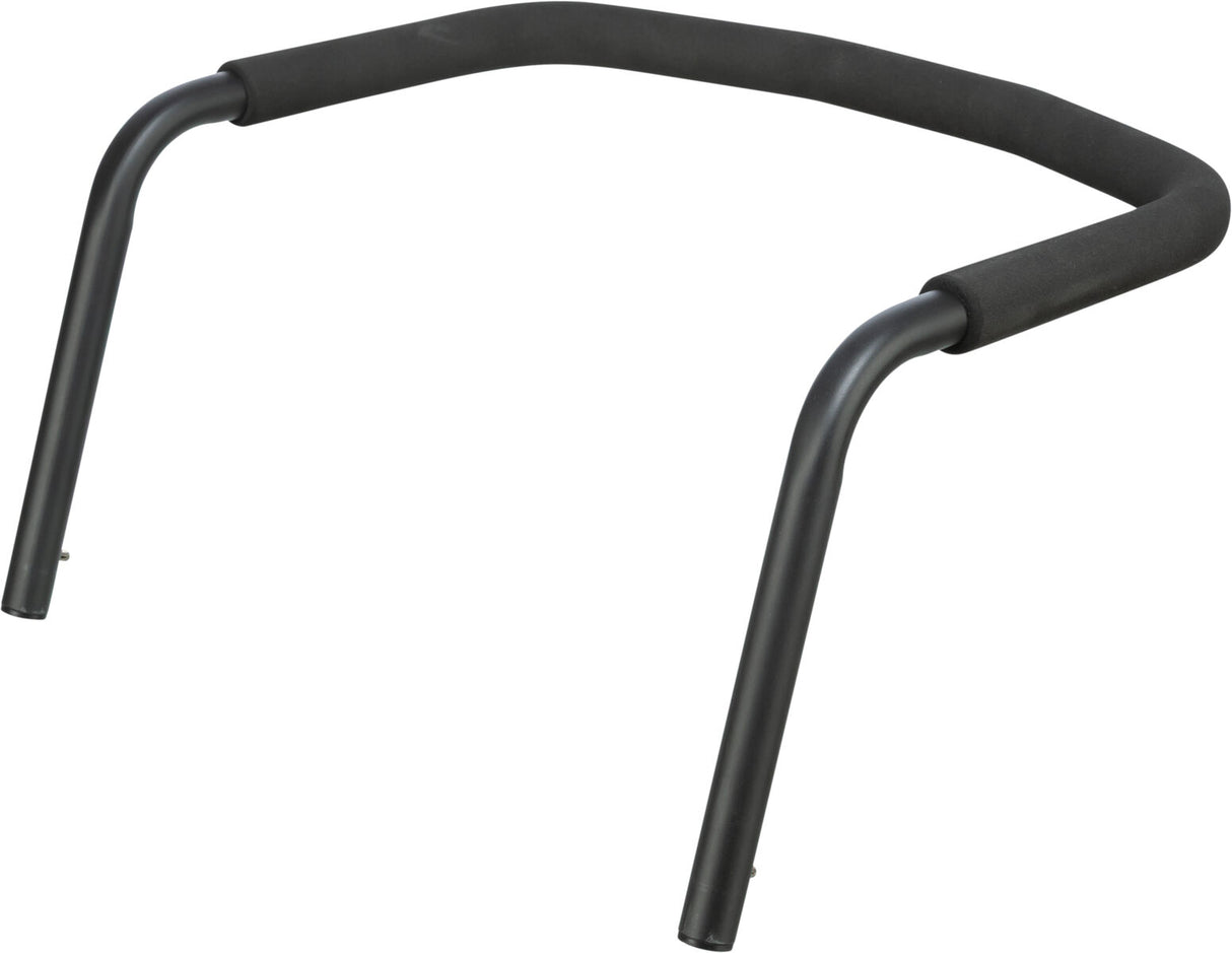 Schwarzer gebogener Metallgriff mit weichem schwarzem Schaumstoffüberzug auf der oberen Fläche.