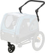 Fahrradanhänger mit blauem Gehäuse, schwarzen Rädern und verstellbarem schwarzen Griff, seitlich transparent.