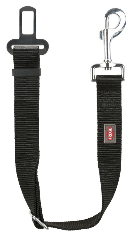 Schwarzer Sicherheitsgurtadapter für Hunde mit Metallhaken und Kunststoff-Steckschnalle, Textilband mit Markenlogo.