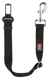 Schwarzer Sicherheitsgurt-Adapter für Hunde mit verstellbarem Gurtband, Metallverschluss und TRIXIE-Logo.