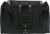 Schwarze Fahrradtasche mit Griffen und Befestigungshaken, quadratische Form, befestigt an einem Metallrahmen.