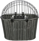 Grauer Korb mit einem abnehmbaren Metallgitter und schwarzen Lederriemen, geeignet als Fahrradkorb.