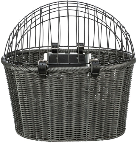 Grauer Korb mit einem abnehmbaren Metallgitter und schwarzen Lederriemen, geeignet als Fahrradkorb.