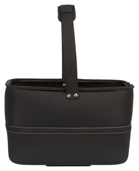 Schwarze Tasche mit rechteckiger Form, stabilem Griff oben und dekorativen Nähten an der unteren Hälfte.