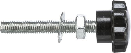 Metallschraube mit Gewinde und schwarzem Kunststoffknopf, Unterlegscheibe und Mutter.