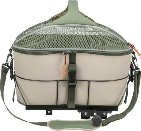 Transporttasche in Beige mit grünem Netz, verstellbarem Schulterriemen, Schnallenverschlüssen und Tragegriff.