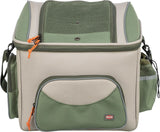 Grüne und beige Tragetasche mit Netzoberteil, mehreren Taschen und Reißverschlüssen, orangefarbene Details.