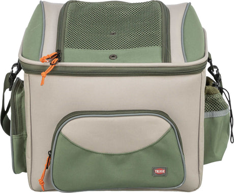Grüne und beige Tragetasche mit Netzoberteil, mehreren Taschen und Reißverschlüssen, orangefarbene Details.
