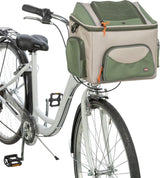 Fahrrad mit grauem Gestell und Transporttasche in Beige und Grün auf dem Gepäckträger, mit orangefarbenen Details.