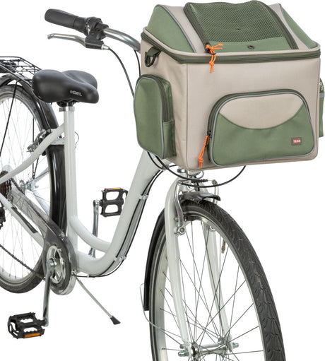 Fahrrad mit grauem Gestell und Transporttasche in Beige und Grün auf dem Gepäckträger, mit orangefarbenen Details.