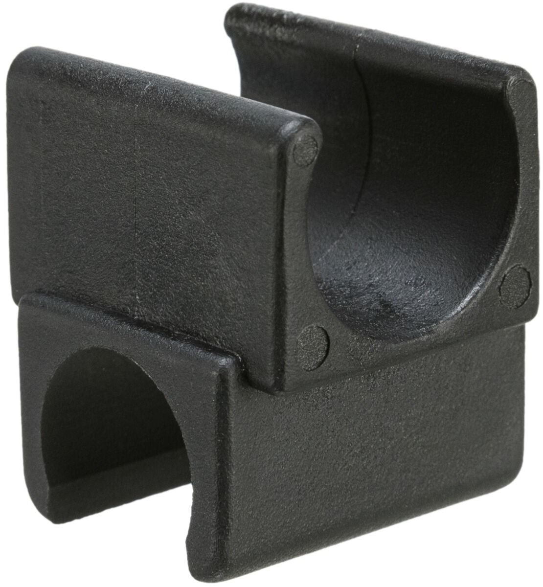Schwarze, quadratische Klemme mit gebogenen Aussparungen und strukturiertem Finish, aus Kunststoff.