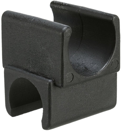Schwarze, quadratische Klemme mit gebogenen Aussparungen und strukturiertem Finish, aus Kunststoff.