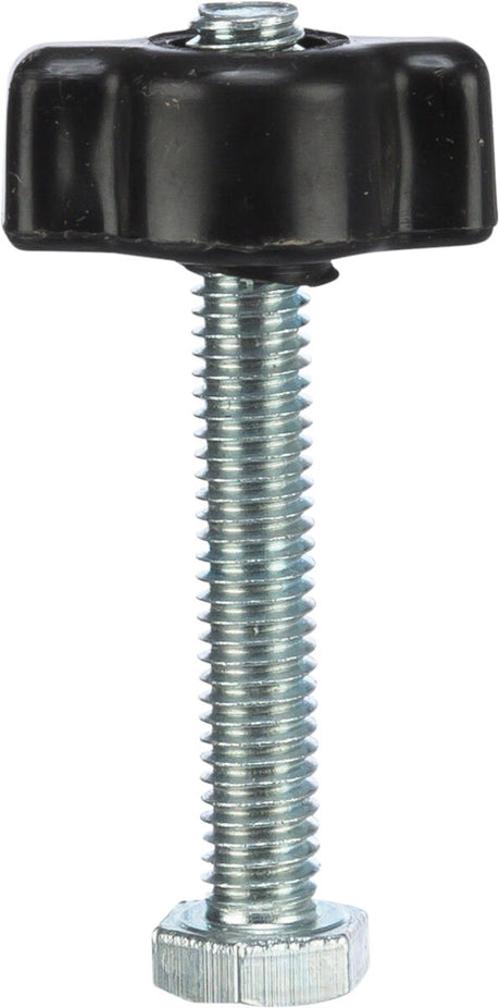 Metallschraube mit schwarzem Kunststoffknopf und Außengewinde, vertikal ausgerichtet.