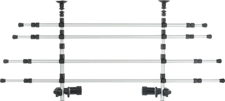 Metallisches Gitter mit vier horizontalen Streben und seitlichen schwarzen Befestigungen, ausziehbar und verstellbar.