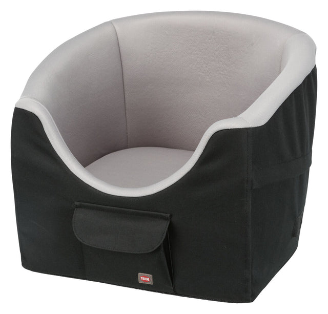 Schwarzer Haustiersitz mit grauem Innenfutter und kleiner Tasche vorne.