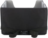 Schwarze rechteckige Tasche mit grauem Innenfutter und verstellbarem Riemen an der Unterseite.