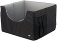 Schwarze, rechteckige Box mit grauem Innenfutter und Netzseitentasche, geeignet als Autozubehör.