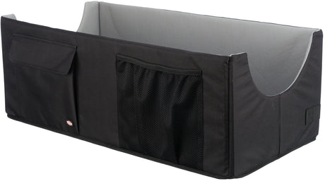 Schwarze, rechteckige Box mit grauem Innenraum, zwei Netz- und einer Klapptasche an der Seite.