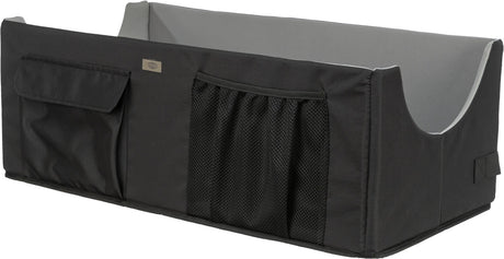 Rechteckige schwarze Box mit grauem Innenfutter, zwei Außentaschen und seitlichem Griff.