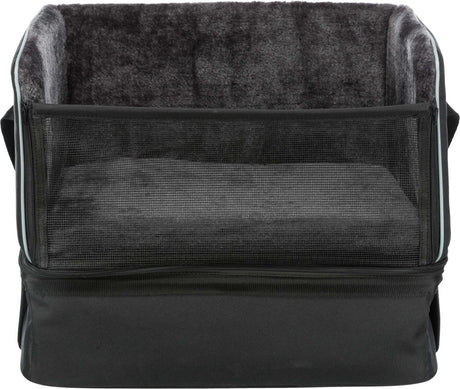 Schwarze Transportbox mit grauem, weichem Innenfutter und Netzstoff an der Front.