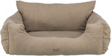 Beiges, gepolstertes Sofa mit geripptem Stoffbezug, rechteckigem Kissen und aufrechter Rückenlehne.