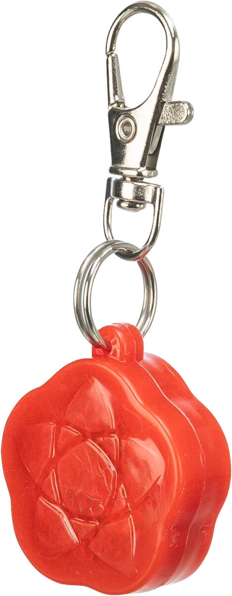 Rotes, blumenförmiges Kunststoffobjekt mit silbernem Karabinerhaken und Schlüsselring befestigt.