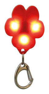 Rotes, leuchtendes Pfotenförmiges Accessoire mit drei gelben Lichtern und einem silbernen Karabinerhaken.