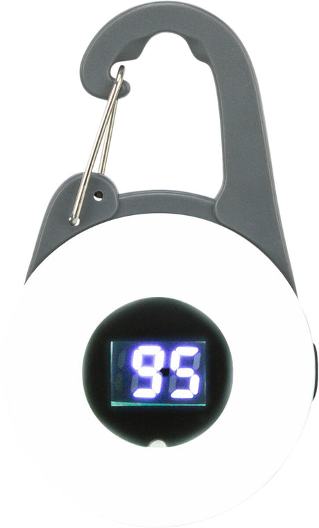 Runder digitaler Kofferanhänger mit grauem Haken und silbernem Verschluss zeigt die Zahl 95 auf einem LED-Display.